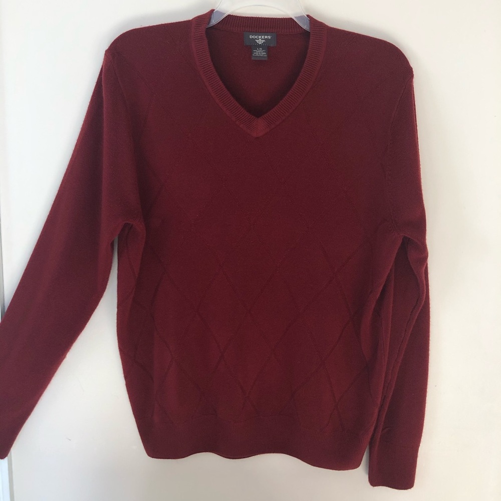 Red V-neck Sweater with Red Diamond Design